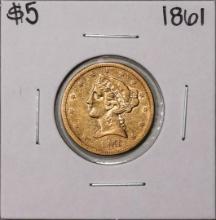 1861 $5 Liberty Head Half Eagle Gold Coin