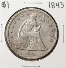 1843 $1 Seated Liberty Silver Dollar Coin
