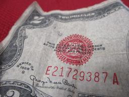 1928-G $2 Dollar Red Seal w/ 5 U.S. Silver  War Nickels