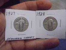 1927 and 1928 Silver Standing Liberty Quarters