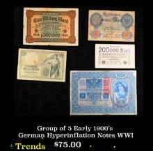 Group of 5 Early 1900's German Hyperinflation Notes WWI