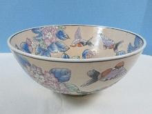 Semi Porcelain Footed Console 10" Round Bowl Hand Painted Incised Birds, Insects &