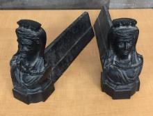 PAIR OF CAST IRON MONARCH ANDIRONS / CHENETS