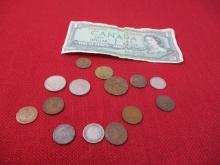 Mixed Foreign Coins + Canadian One Dollar Bill w/ the Late Queen Elizabeth