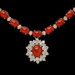 14K Gold 30.93ct Coral & 2.85ct Diamond Necklace