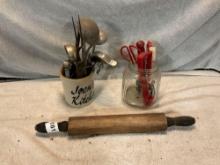 Roseville butter crock w/wood rolling pin & vintage utensils