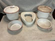 white with red enamel bailed pots, bowls, & enamel bed pan