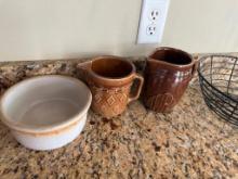 POTTERY PITCHERS AND BUTTER CROCK