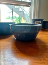 3 BLUE POTTERY BUTTER CROCS AND BOWLS