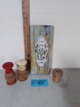 Antique Wooden Salty & Peppy, wall décor, Shot glass in basket