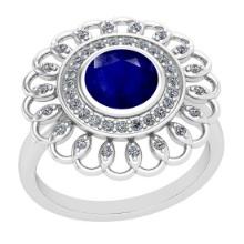 1.49 Ctw I2/I3 Blue Sapphire And Diamond Style Prong&Bezel Set 14K White Gold Ring
