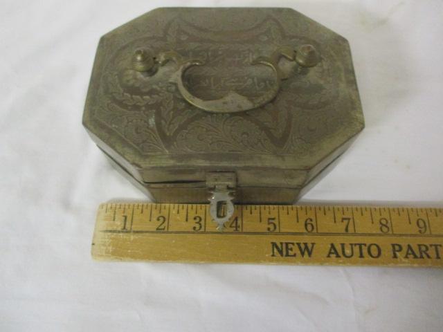 Middle Eastern Mixed Metal Plaque on Stand (Signed) and Antique Ladies Box