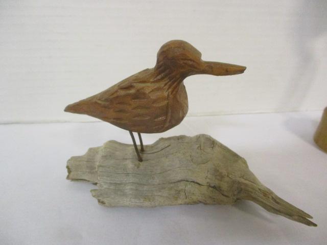 Carved Wood Mask, Carved Wood Bird on Driftwood, and Bone Carved Bird