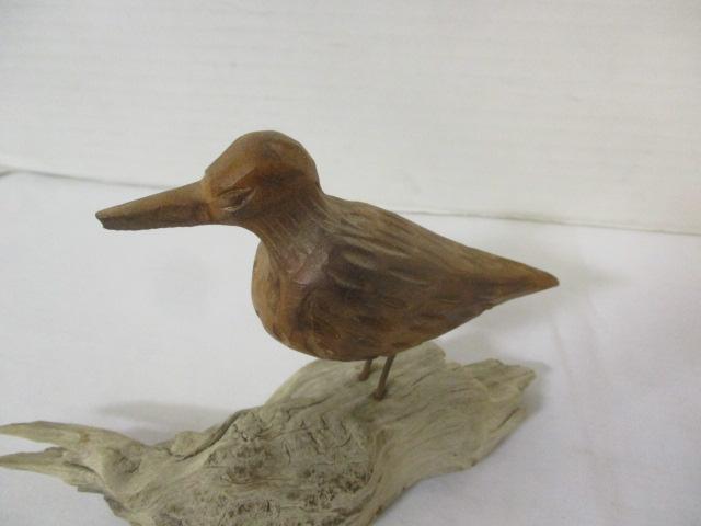 Carved Wood Mask, Carved Wood Bird on Driftwood, and Bone Carved Bird