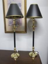 Pair of Black and Brass Candlestick Buffet Lamps