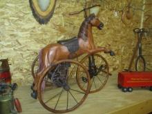 Wooden horse tricycle w/saddle & metal wheels