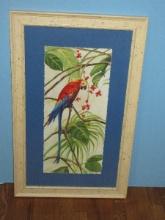 Perched Scarlet Macaw Bird & Tropical Foliage Artwork Print Blue Background Ivory Distressed
