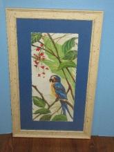 Perched Blue Macaw Bird & Tropical Foliage Artwork Print Blue Background Ivory Distressed