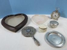 Lot Heart Keepsake Veneer Box 12" x 12", Marbleized Pink Glass Heart Shape Dish 8", Vanity