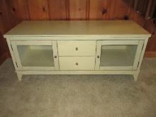 Stylish Contemporary Modern Media Console Cabinet Double Center Drawers Flanked by Glass