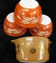 3 - 7.25" Wheat Pyrex Bowls - 1 - 6.25" Early American Handled Casserole No Lid