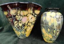 Pair of Signed Studio Art Glass Vases - 1994 - Handkerchief is 6" x 7" - Bud Vase 5.5"m x 3.5"