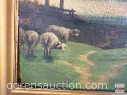 Artwork - vintage oil painting, grazing sheep