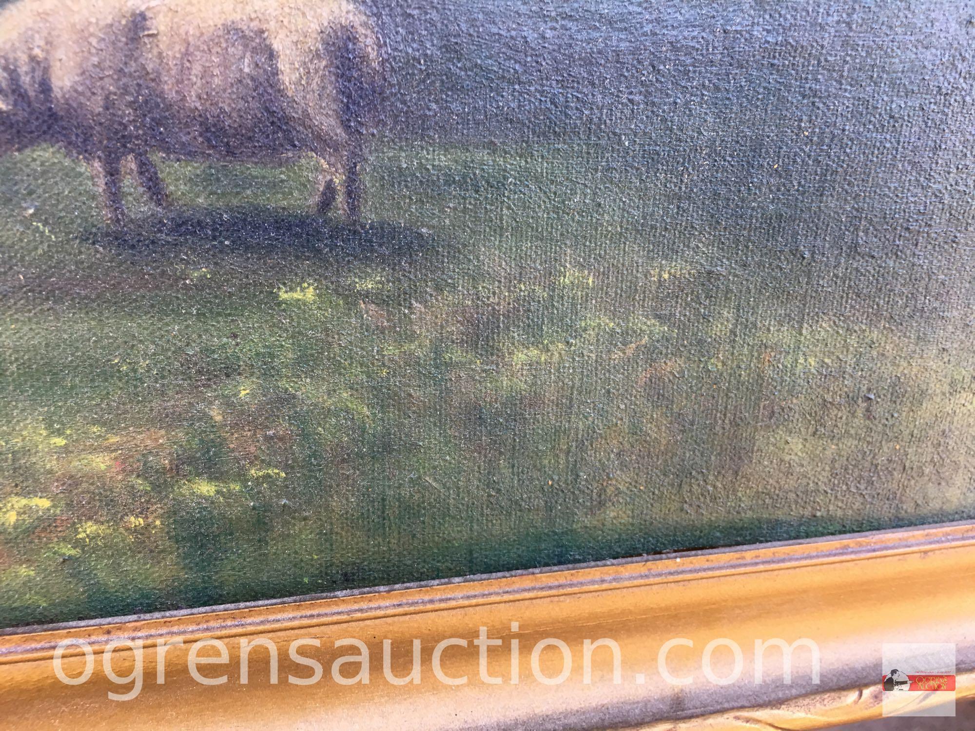 Artwork - vintage oil painting, grazing sheep