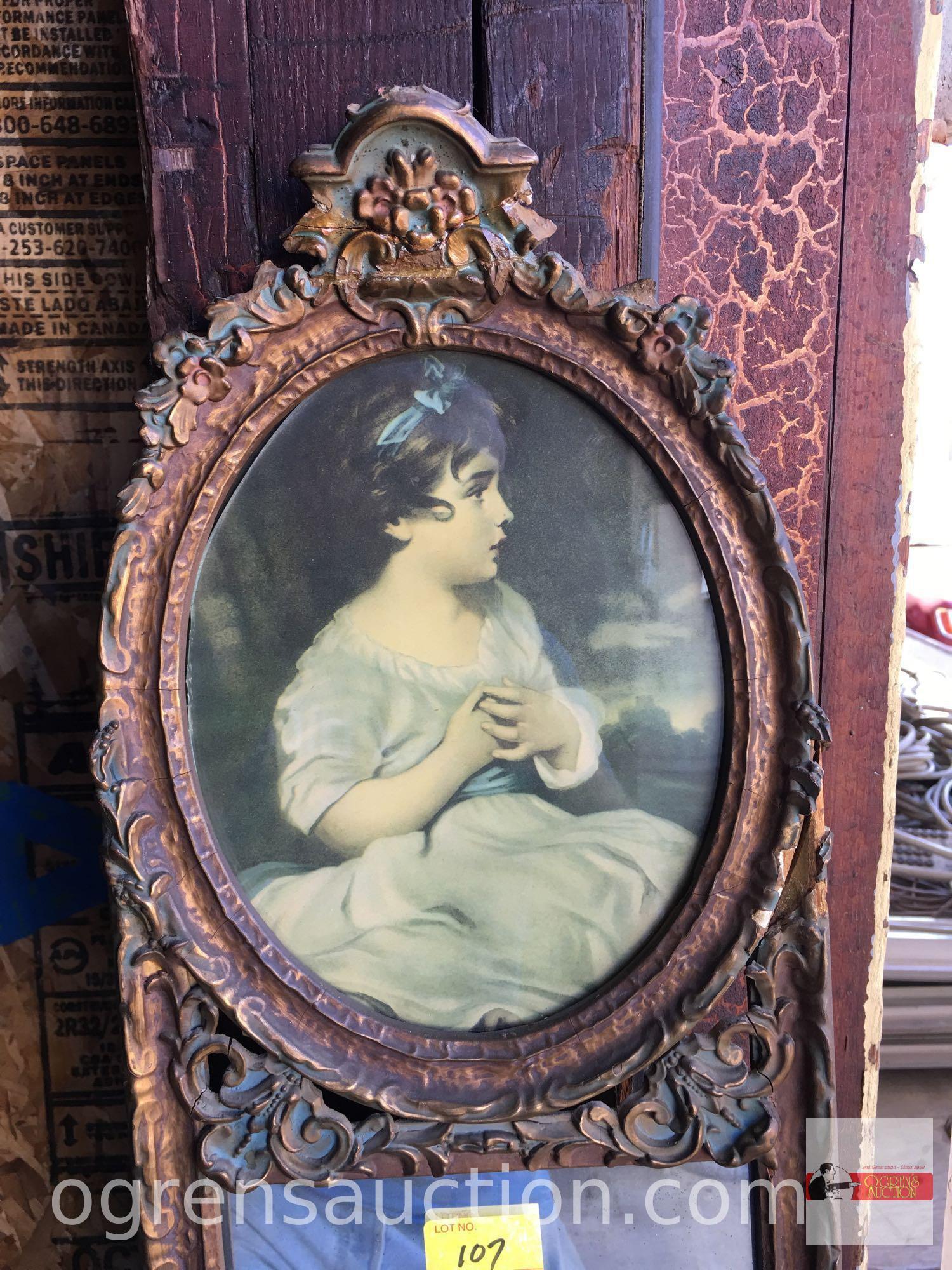 Vintage wall mirror/artwork, young girl, ornate frame