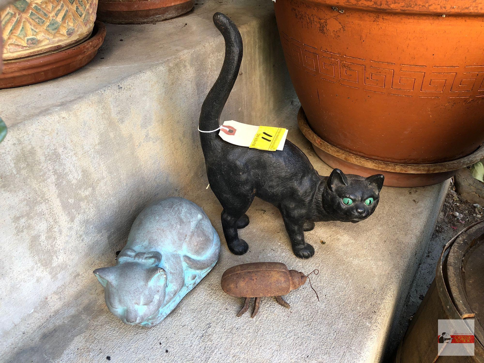Yard & Garden - 3 items, cast iron black cat 8"wx11"h, cement kitty 6.5"x4", cast iron beetle 2"x4"