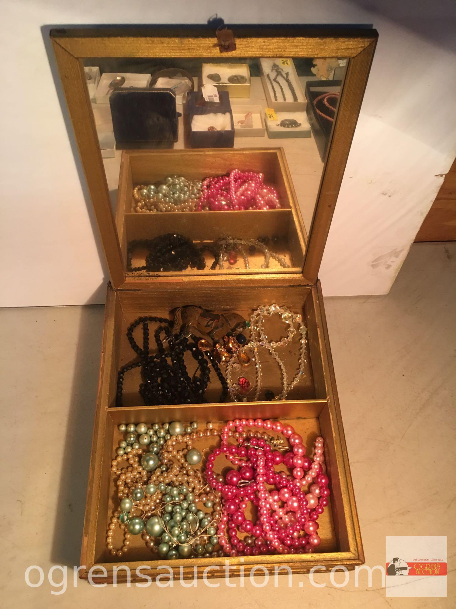 Jewelry - Vintage jewelry box w/ misc. jewelry, ornate box w/Paris Fashion pic on top, mirrored lift