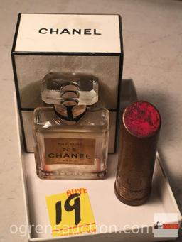 Vintage Chanel #5 perfume bottle & orig. box plus vintage Solitaire lipstick tube