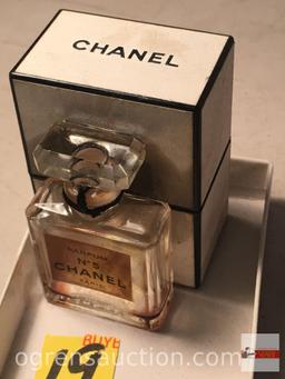 Vintage Chanel #5 perfume bottle & orig. box plus vintage Solitaire lipstick tube
