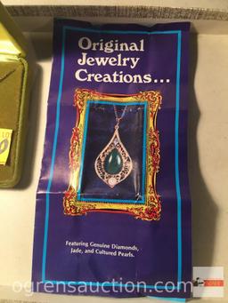 Jewelry - Necklace, Genuine Diamond, jade & pearl, Teardrop setting w/ fine mesh chain & orig. paper