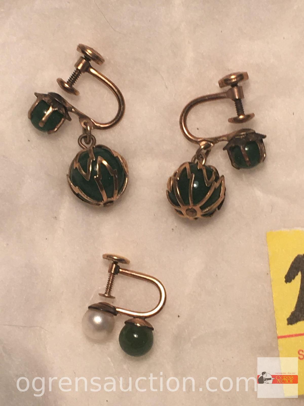 Jewelry - earrings, 1 pr. and 1 single 12k gold filled screw back with jade