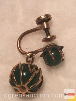 Jewelry - earrings, 1 pr. and 1 single 12k gold filled screw back with jade