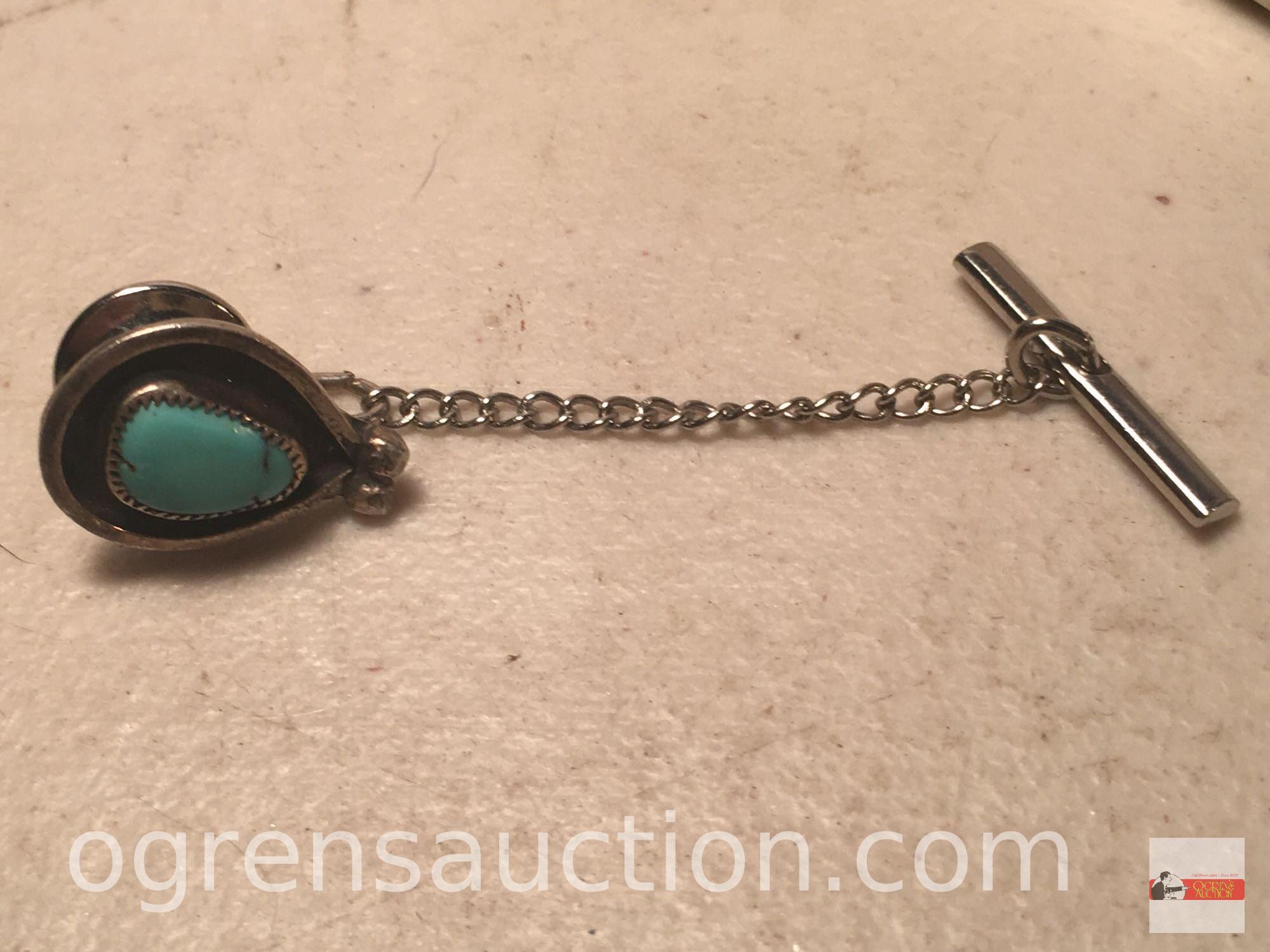 Jewelry - 2 sterling tie tacks, 1 with turquoise stone