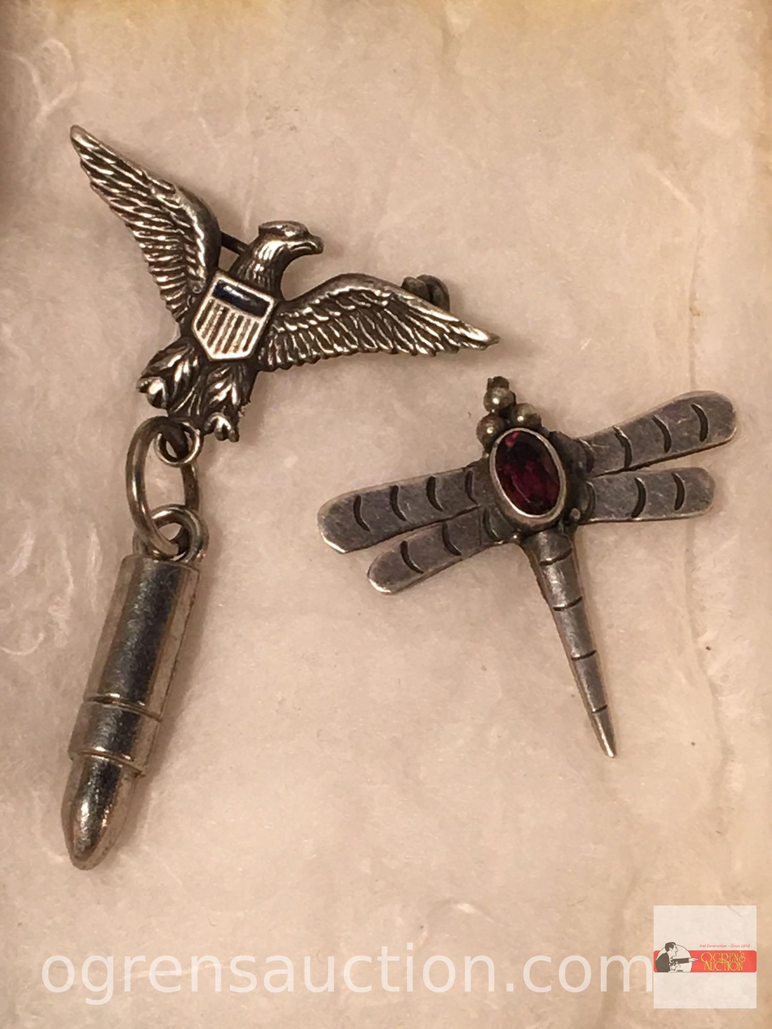 Jewelry - 2 sterling - Military eagle and dragonfly w/stone