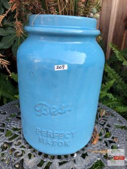 Yard & Garden - Lg. blue Perfect Mason pottery crock, potted wheat grass, 16.5"hx11"w (43"h)