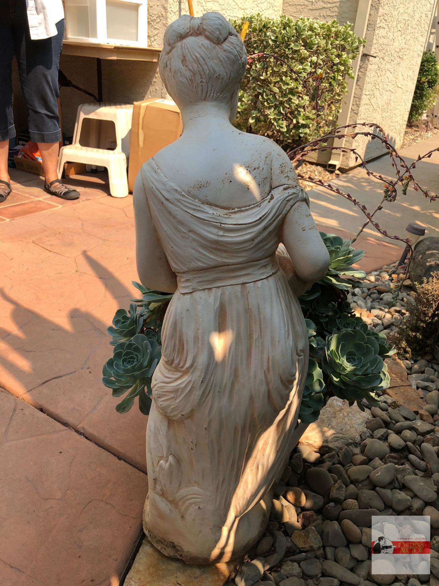 Yard & Garden - Woman w/urn statuary planter, potted hens/chickens, 32"hx18"wx22"d, natural cracking