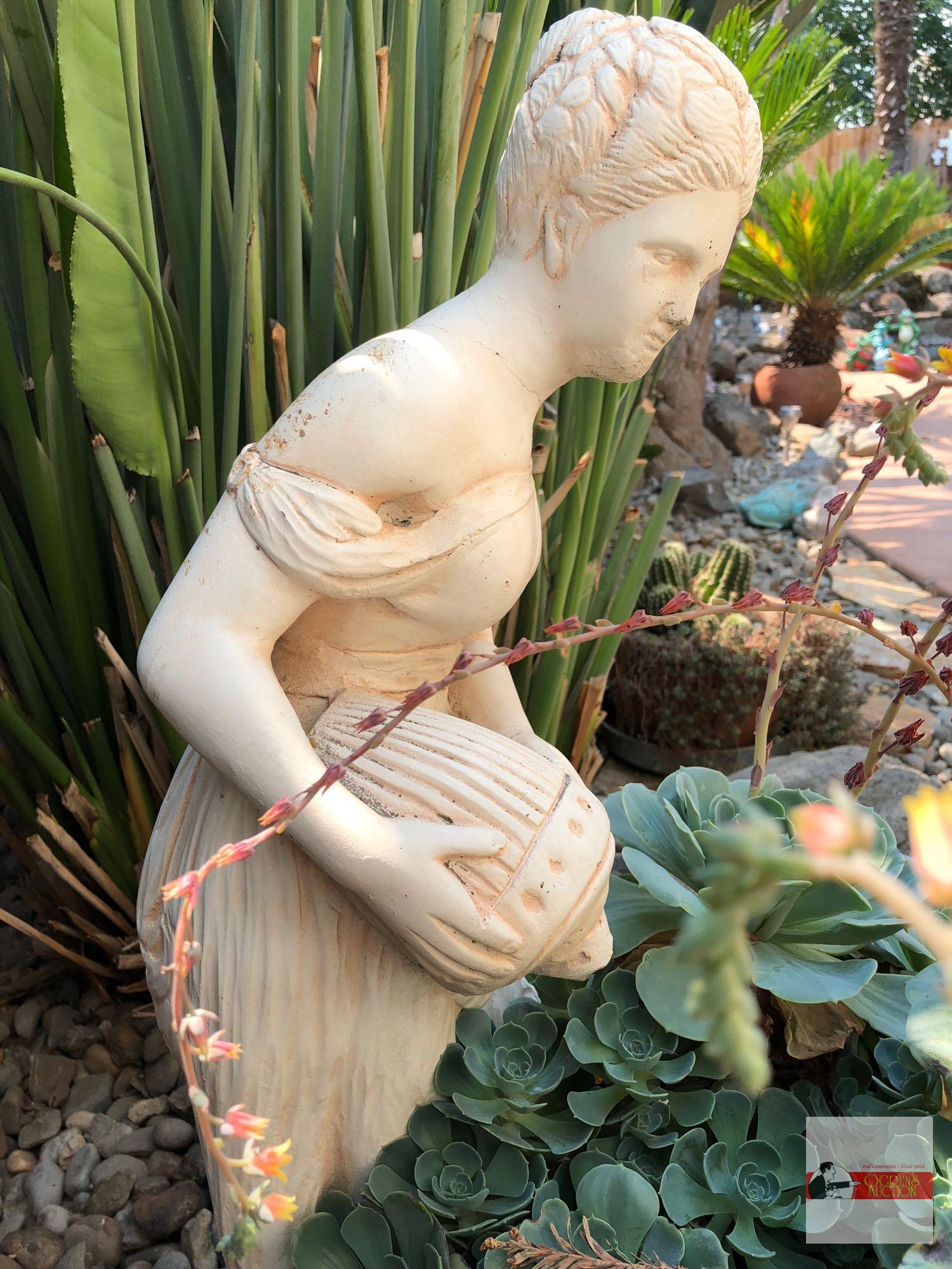 Yard & Garden - Woman w/urn statuary planter, potted hens/chickens, 32"hx18"wx22"d, natural cracking