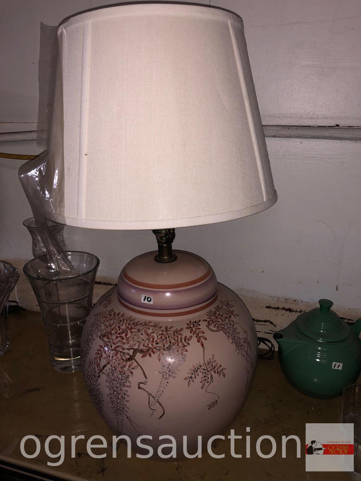Table lamp w/shade, hand painted with enamel motif, 27"h