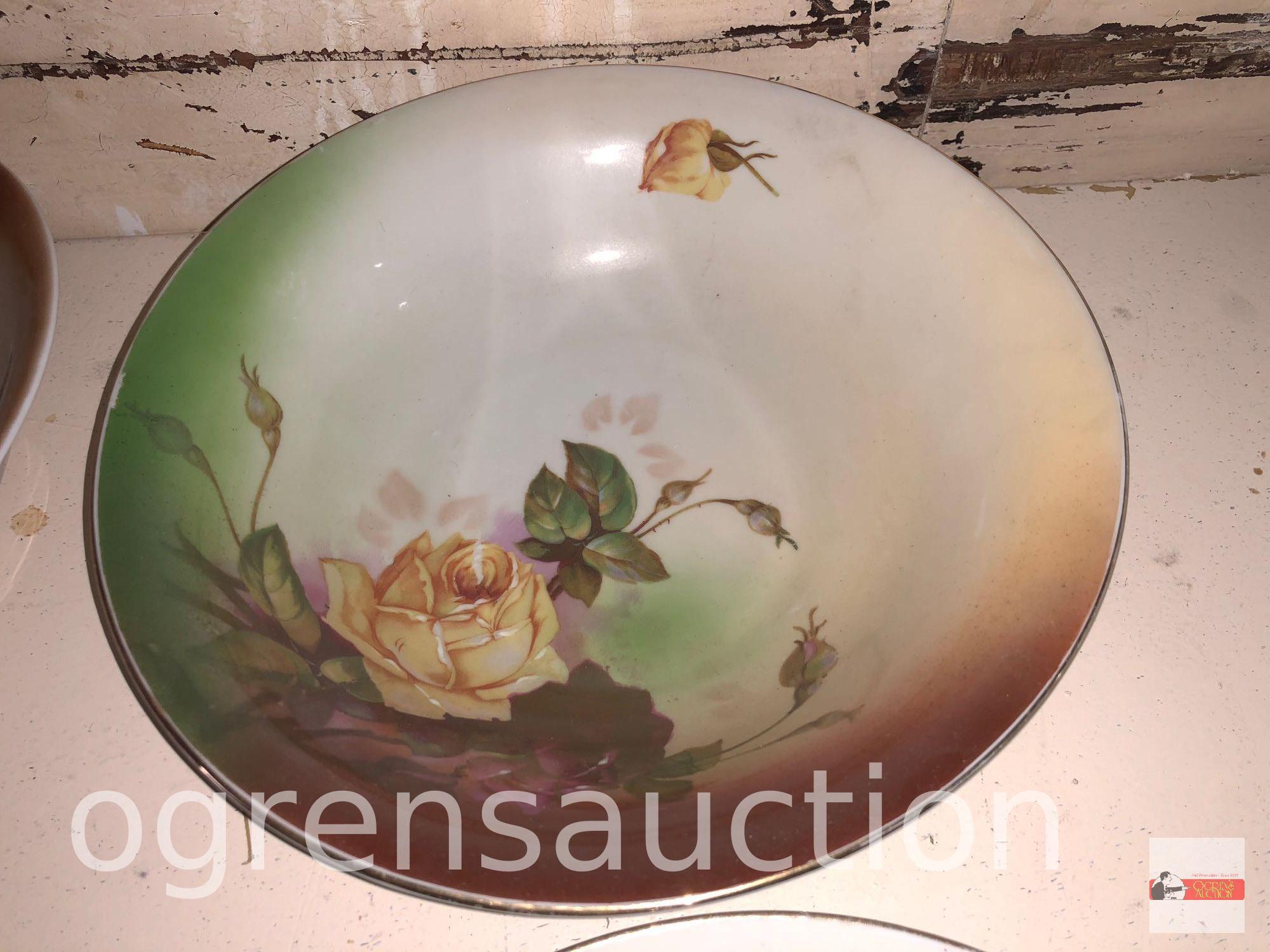 4 vintage dishes, 2 hand painted floral bowls, 1 plate and vintage German marked plate 10"