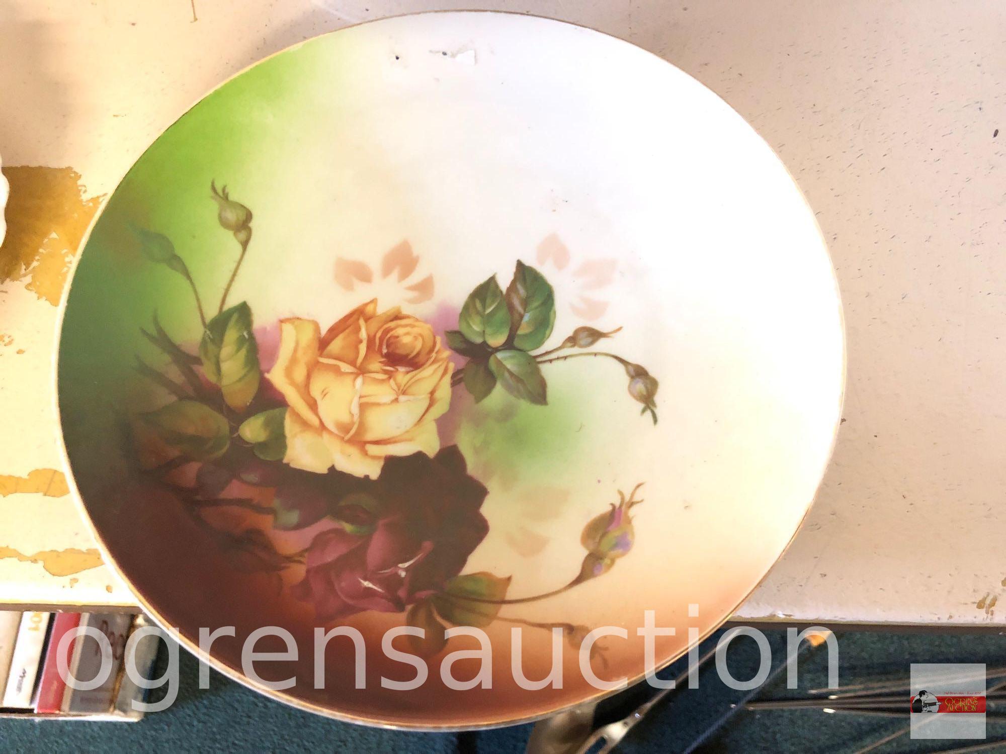 4 vintage dishes, 2 hand painted floral bowls, 1 plate and vintage German marked plate 10"