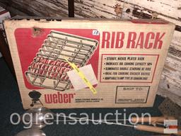 Barbecue tools, rib rack, skewers, Weber roast holder