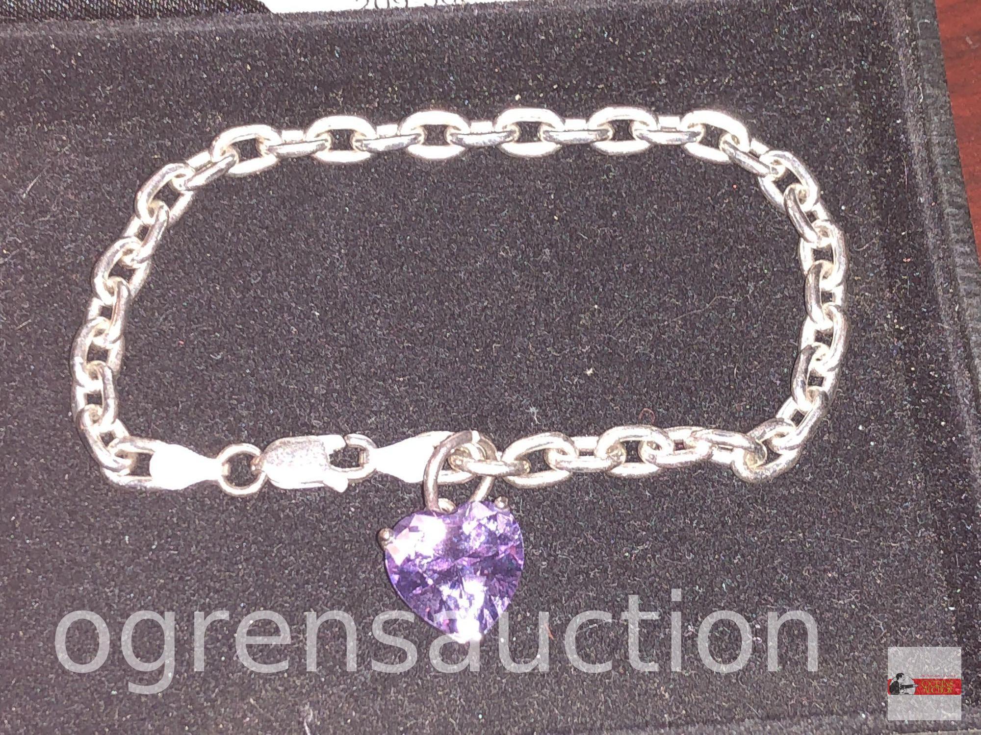 Jewelry - Bracelet - sterling silver bracelet w/ amethyst heart charm