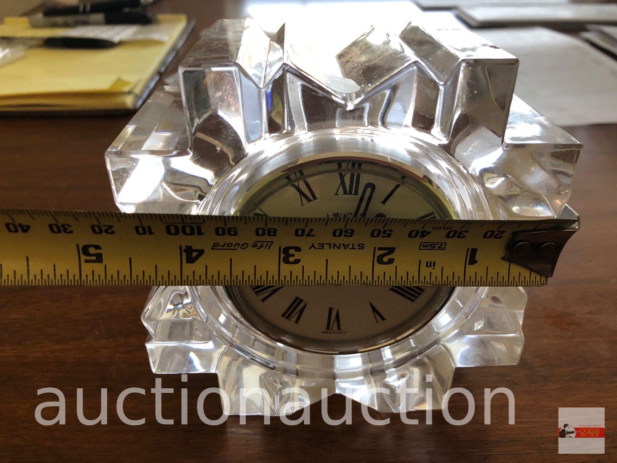 Clock - Mikasa Crystal dresser clock, Roman numerals, quartz, 4.5"wx5"h, sm. nick on 1 point