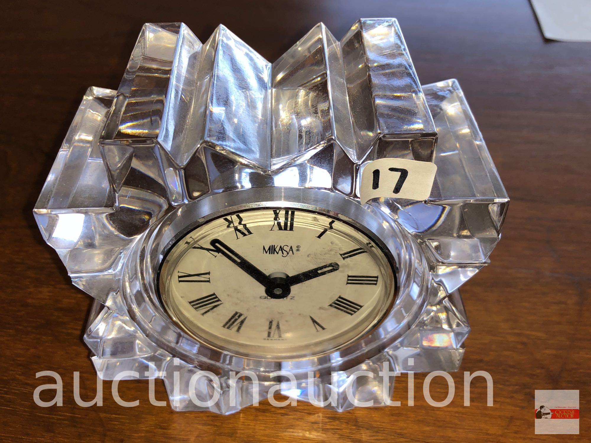 Clock - Mikasa Crystal dresser clock, Roman numerals, quartz, 4.5"wx5"h, sm. nick on 1 point