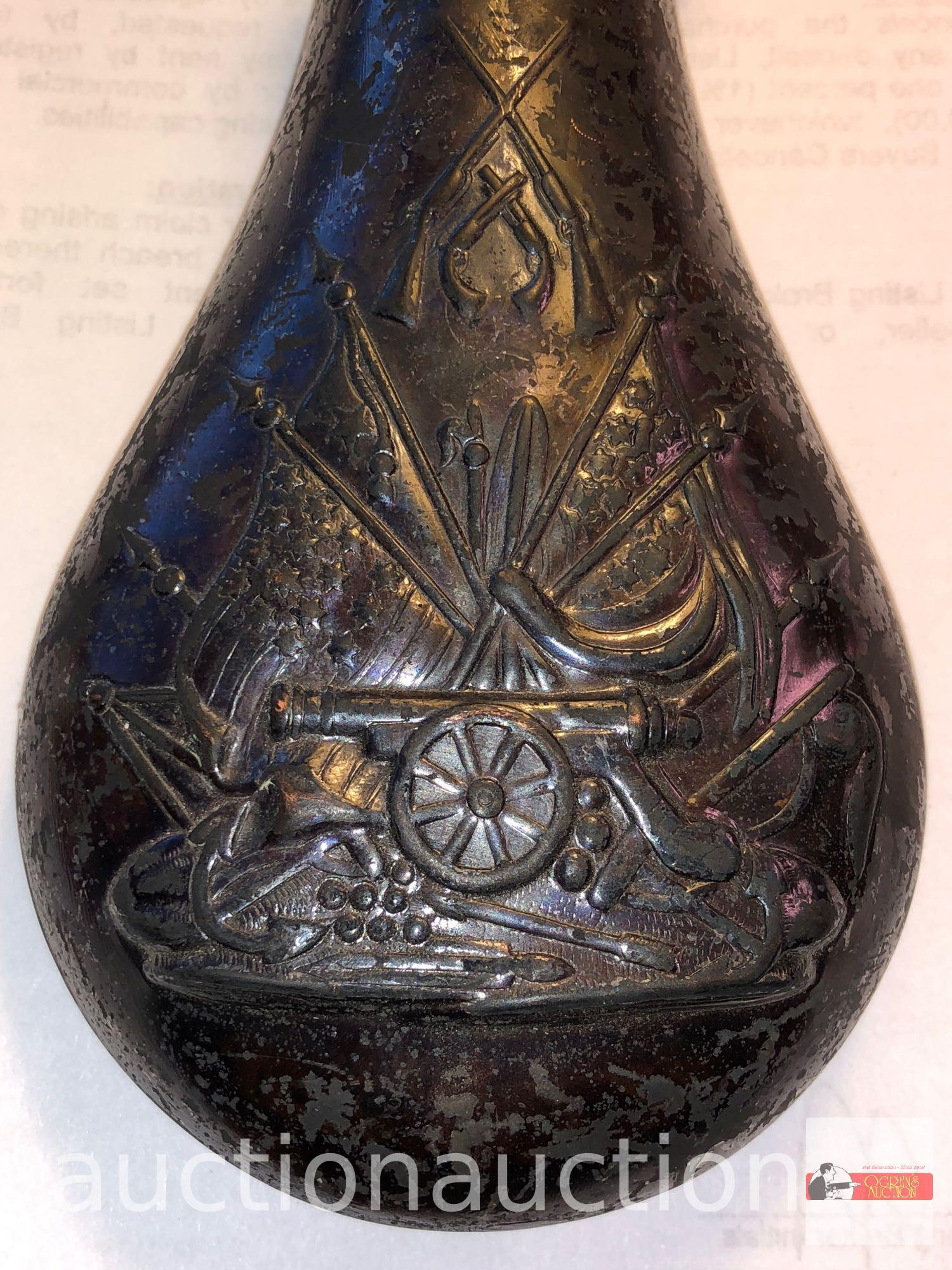 Powder horn - vintage ornate metal powder horn, Made in USA