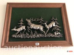 Artwork - wooden framed metal relief sculpture artwork, deer, 15"wx11"hx1"d